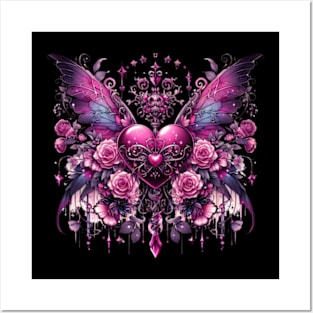 Gothic winged heart and roses Posters and Art